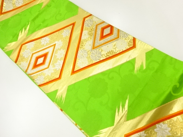 JAPANESE KIMONO / ANTIQUE FUKURO OBI / SILK / WOVEN RHOMBUS & KIKU & MAPLE